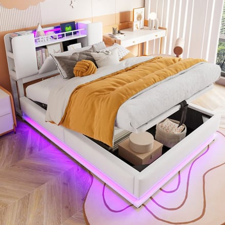 MODFU - Ledikant 90x200 cm – Beige fluweel met LED & opbergruimte – Kinderbed