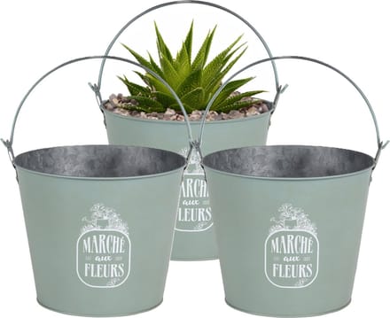 Sunnydays Emmer/plantenpot/bloempot - 3x - zink - jadegroen - D24 x H19 cm
