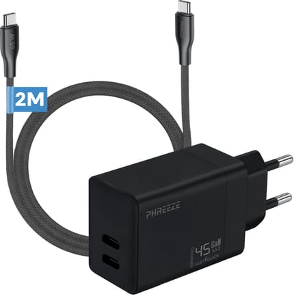 Phreeze fast charger 45 W - Usb C naar usb C oplaadkabel 2 meter - PPS fast charger - Snellader met 2 poorten