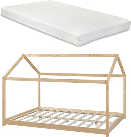 Kinderbed Cerro huisbed met matras 140x200 cm houtkleurig