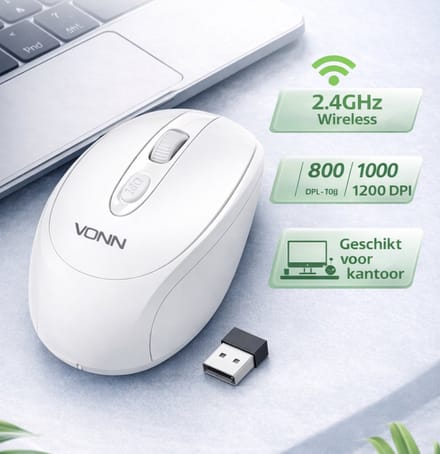 Draadloze Muis Wit – 2.4GHz USB – Stil & Ergonomisch – Instelbare DPI (800/1000/1200) – AAA Batterij – Plug & Play – Voor Laptop & PC