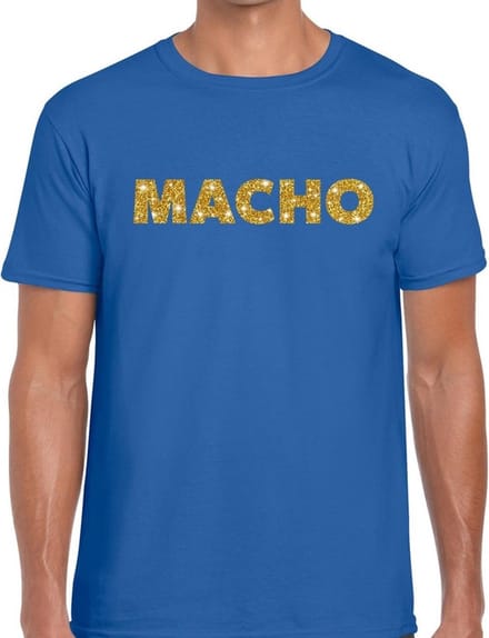 Macho goud glitter tekst t-shirt blauw voor heren L