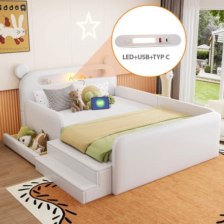 MODFU - Kinderbed 140x200 cm – Berenvormig hoofdbord met nachtlampje & USB – Wit kunstleer