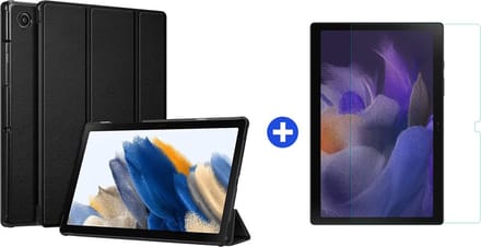 Arara Hoes Geschikt voor Samsung Galaxy Tab A8 (2021/2022) Tri-Fold tablethoes + tempered glass screenprotector - Zwart