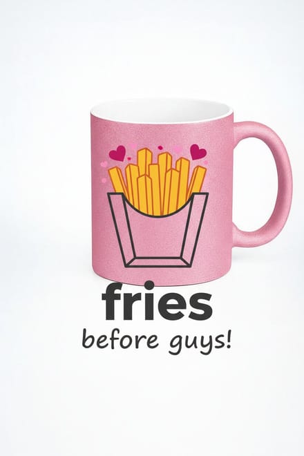 Roze Glitter Mok 'Fries Before Guys!' - Grappig Friet Design voor Dames