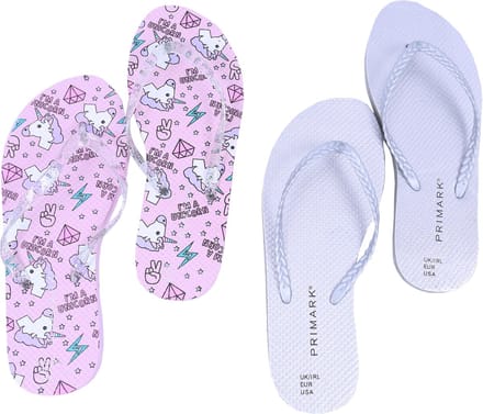2x Zilveren teenslippers, roze eenhoorns