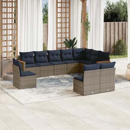 vidaXL - 10-delige - tuinbankset - met - kussens, - grijs - polyrotan