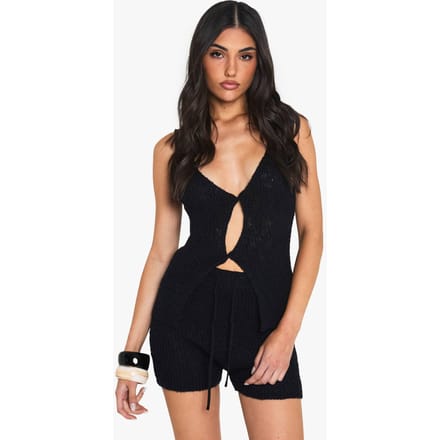 boohoo Dames Tie Waist Gebreide Haakshort | Black | Maat: 10
