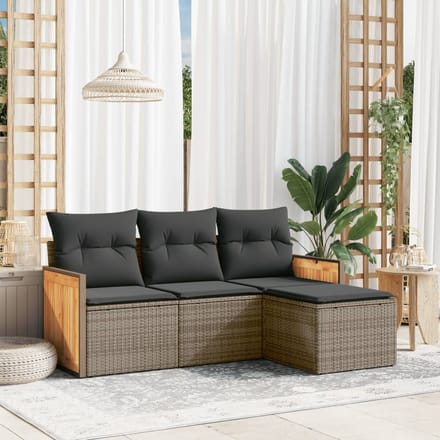 vidaXL - 4-delige - Loungeset - met - kussens - poly - rattan - grijs