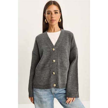 Dikke Geribbelde V-hals Longcardigan met Knopenluiting