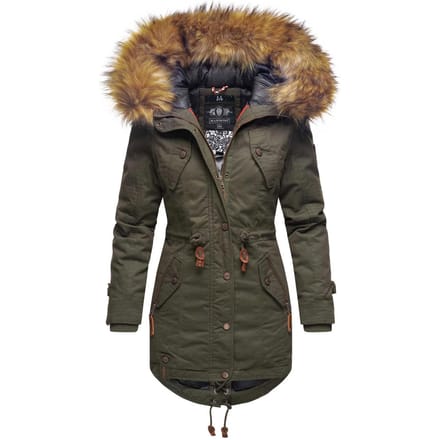 Marikoo dames winterjas met afneembare imitatiebontkraag & taillekoord