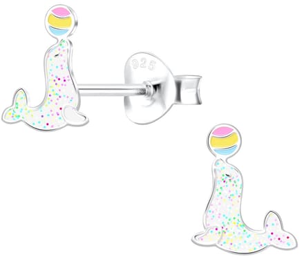 Joy|S - Zilveren zeehond oorbellen - 6 x 8 mm - glitter wit