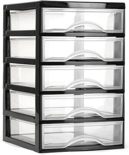 Plasticforte Ladeblokje/bureau organizer 5x lades - zwart/transparant - L18xB21xH28 cm - plastic