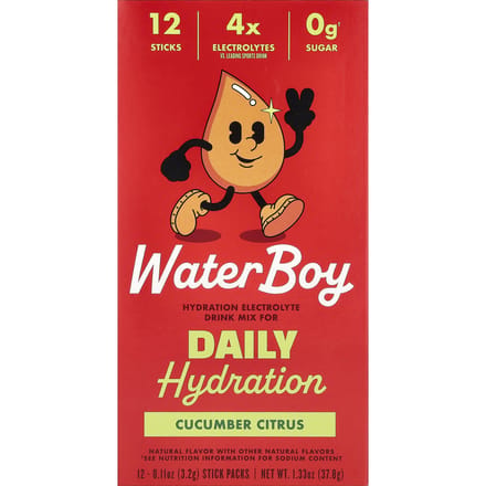Waterboy, Hydratation Quotidienne, Mélange de Boisson Électrolytique, Concombre Agrumes, 12 Sachets Sticks, 3,2g (0,11 oz) Chaque