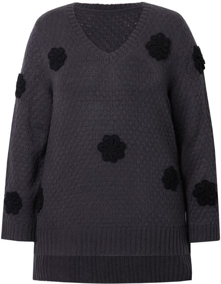 MIAMODA - Dames - Pullover classic fit 3D-bloemen zijsplitten - Antraciet - Maat 50+