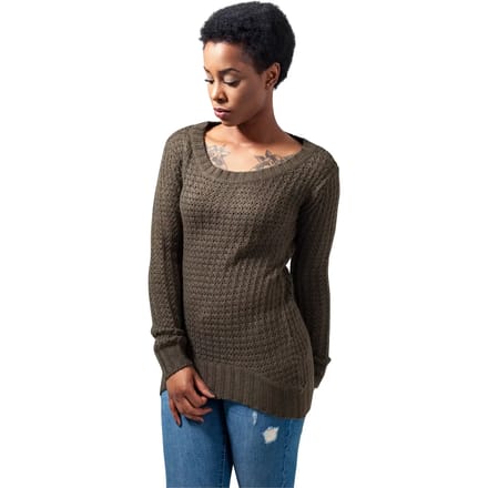 Urban Classics Long Widenecker Dames Gebreide trui - olijf - L