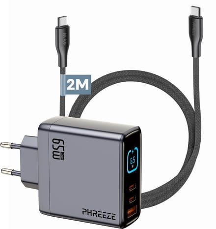 USB C Power Adapter Set 65W Snellader Incl USB C Kabel 2 Meter Lang Zwart