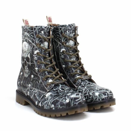 Goby Dames Veterboots – Damesboots – Donkere Schedelprint – Vetersluiting en Ritssluiting – Handgemaakt Vegan Leer – Maat 36