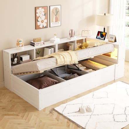 MODFU - Eenpersoonsbed Met Opbergruimte En Led-Verlichting - Hydraulisch - Met Stopcontact - MDF - Wit - 90 x 200 cm