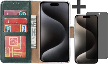 Hoesje met Privacy Screenprotector Geschikt voor iPhone 15 Pro – Arara bookcase met pasjeshouder - Groen