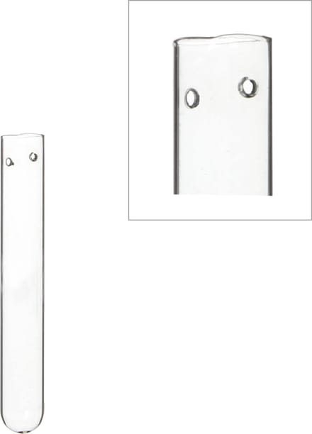 Reageerbuis Glas 1.5cm diameter 15cm hoog, met 2 gaten (set van 12 stuks)