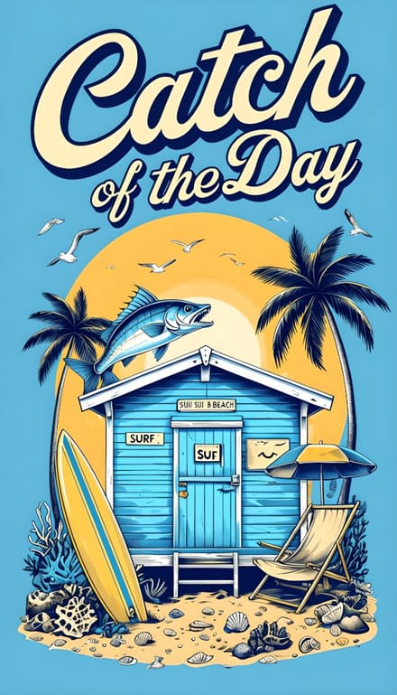 Vangst van de dag – Retro strandhutposter (A4, glanzende afwerking)