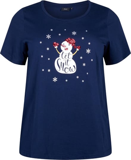 ZIZZI VCHRISTMAS, S/S, STRAIGHT TEE Dames T-shirt - Blue - Maat M (46-48)