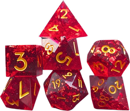 Resin Dobbelstenen Set - Ruby Glitter - Dice Set - Polydice Set - 7 Stuks - Inclusief metalen case en velvet opbergzak