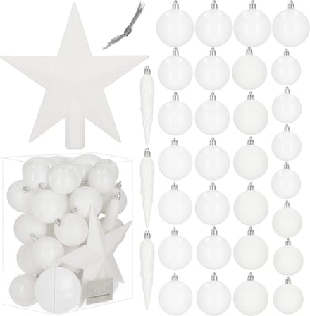 Springos Kerstballen & Piek | 33 Stuks | 5/6/8 cm | Wit