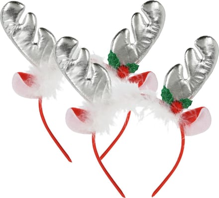 Home & styling Kerst diadeems/haarbanden - 2x - rendier gewei met oren - zilver - polyester