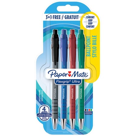 Paper Mate Flexgrip Ultra-balpennen met drukknop | Medium punt (1,0 mm) | Diverse kleuren | 4 stuks