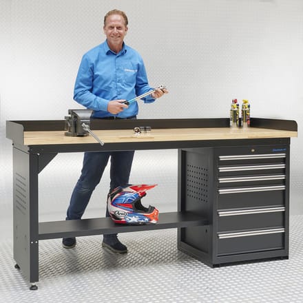 Datona® Werkbank PRO - eiken werkblad - 6 lades - 200 cm - Zwart