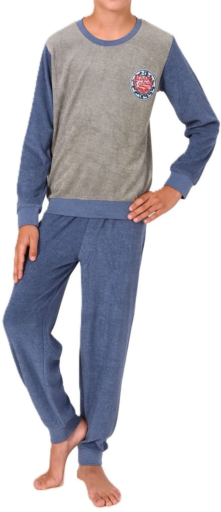 Warme jongenspyjama/pyjama van badstof met manchetten en borduursel