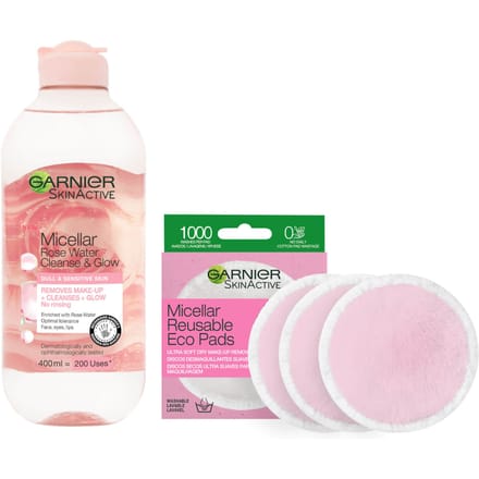 Garnier Makeup Remover Eco Pads and Rose Micellar Water Duo Set