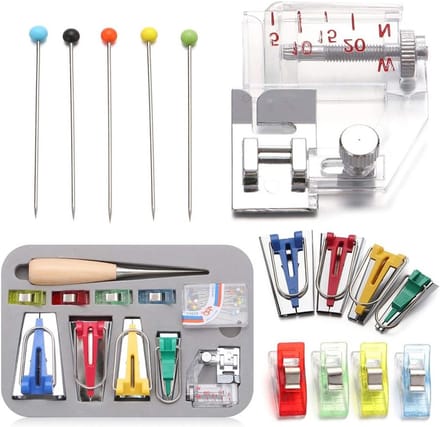 Complete Bias Tape Maker Set met 4 Maten, Naaiclips, Naaipennen en Bindvoet voor Creatieve Projecten