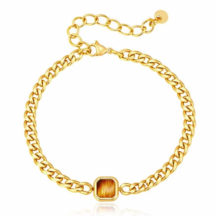 Mendes Stalen Schakelarmband Goudkleurig Tijgeroog