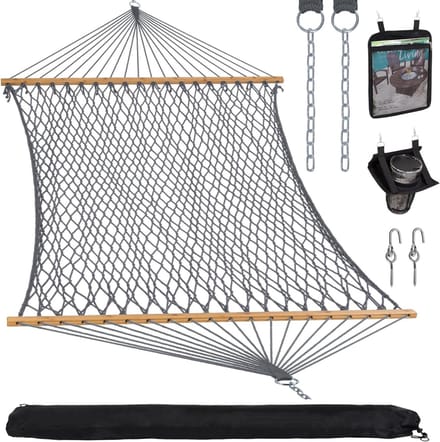 SUNCREAT Dubbele Outdoor Hangmat, Polyester Touw Hangmat Met Bamboe Spreader Bar, Grijs