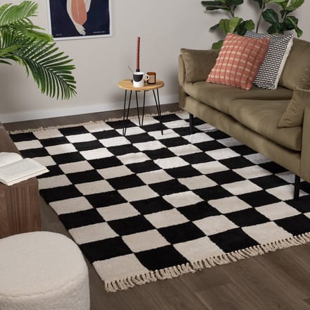 Fraai Checkerboard vloerkleed - Blox Fringe Zwart - 200x290cm
