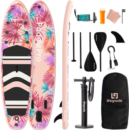 LifeGoods PaddlePro SUP Board - Opblaasbaar Paddle Board - Complete Set - Max. 150KG - 320x81cm - Tropical Roze