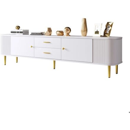 Meuble TV - MUVOE - Décontracté - Blanc et doré - 2 tiroirs - Design contemporain blanc