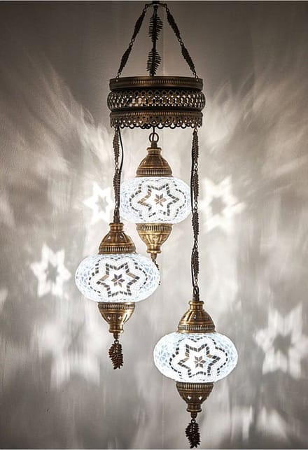 Turkse hanglamp - mozaïek wit - 3 glazen bollen - handgemaakt - sfeervolle verlichting