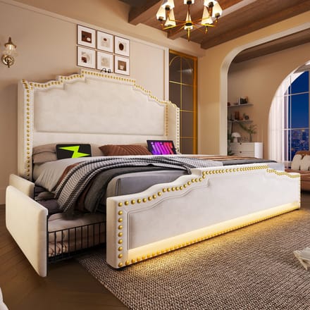 Gestoffeerd bed - 160x200 cm - 4 Lades & LED-verlichting - USB-C & Lattenbodem - Fluweel - Beige