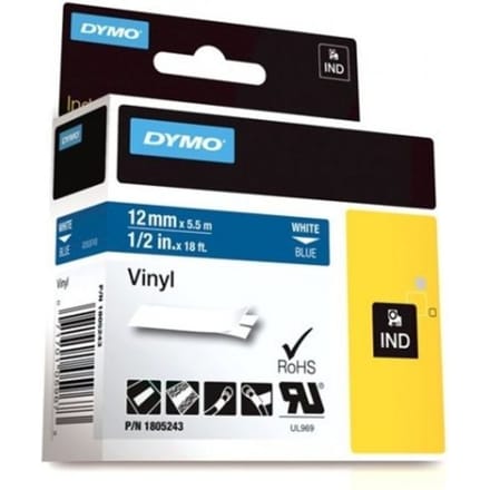 Labeltape dymo rhino industrieel vinyl 12mm wit op Blauw