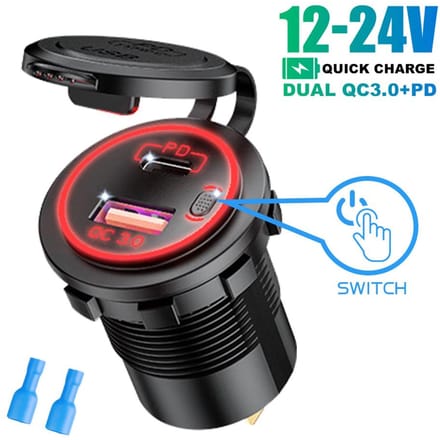 65W QC3.0 USB PD Autolader Socket Waterdicht Snellaadadapter met Aan/Uit Schakelaar voor Auto Motorfiets Boot Marine