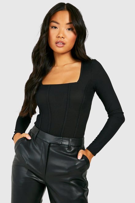 boohoo Dames Petite Rib Corset Bodysuit | Zwart | Maat: 36