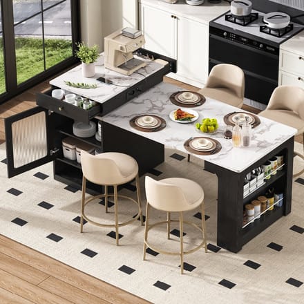 Sweiko Uitschuifbare Eettafel - Keukeneiland - Dressoir - 2 lades - Opbergplank - Met stopcontacten - Marmerlook - Wit + Zwart