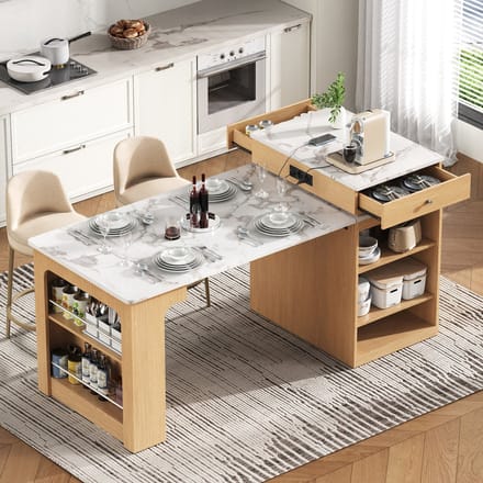 Sweiko Uitschuifbare Eettafel - Keukeneiland - - Dressoir - 2 lades - Opbergplank - Met stopcontacten - Marmerlook - Wit + Naturel