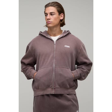 Oversized Heren Sport Washed Ritssluiting Hoodie | Washed Chocolate | Size XS
