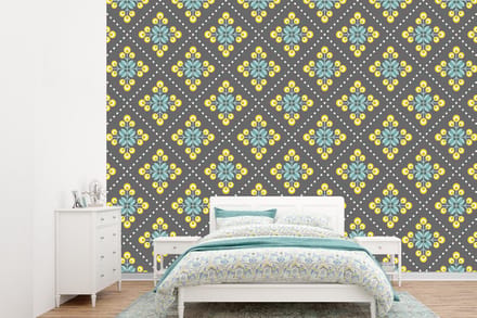 Behang - Fotobehang Design - Ruit - Bloemen - Grijs - Breedte 360 cm x hoogte 260 cm