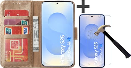 Hoesje met Screenprotector Geschikt voor Samsung Galaxy S25 – Arara bookcase met pasjeshouder - Goud